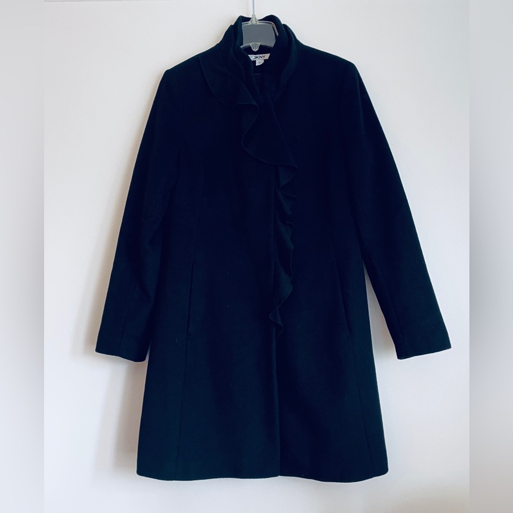 Size 12 DKNY Black Wool Ruffled Coat